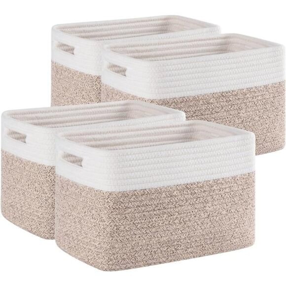 Woven Storage Baskets Set of 4 Cotton Rope Organizer Bins for Shelves Closet - Picture 1 of 8